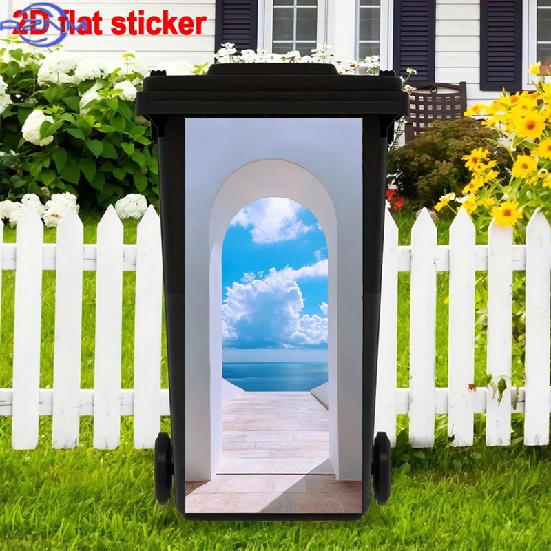 Arched View Trash Can Stickers Art, Sea Horizon Peel And Stick Stickers, Coastal Light Trash Can Stickers Decor, Summer Vibe T