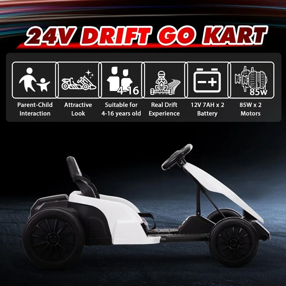 Elektryczny gokart do driftu 24 V, zasilany bateryjnie 7 Ah do jazdy samochodem elektrycznym, elektryczny włącz/pas bezpieczeństwa, muzyka, róg, silnik 85 W * 2