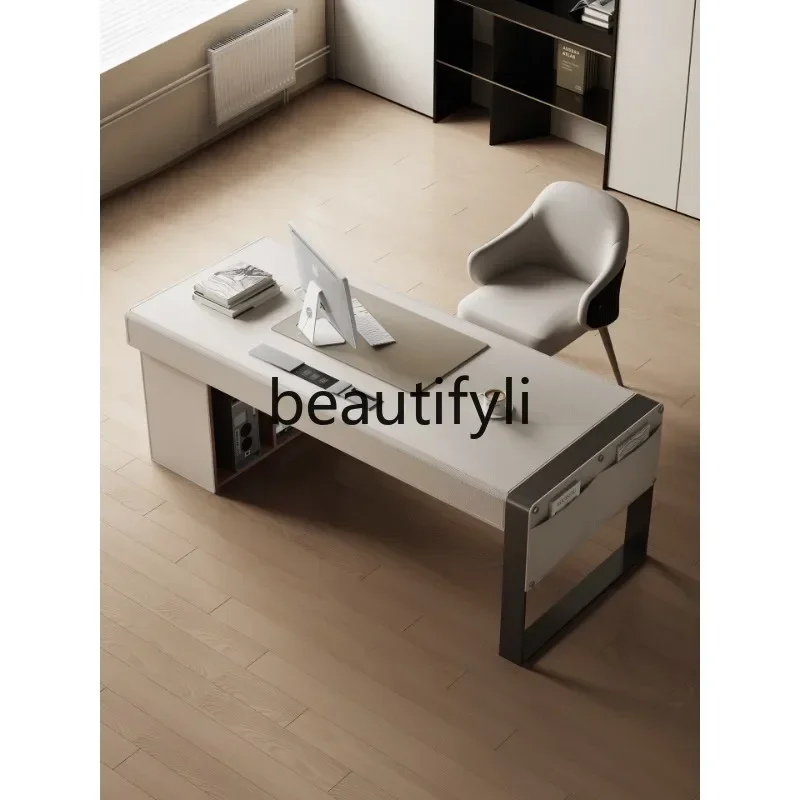 

Italian minimalist desk high-end home solid wood computer table saddle leather desk