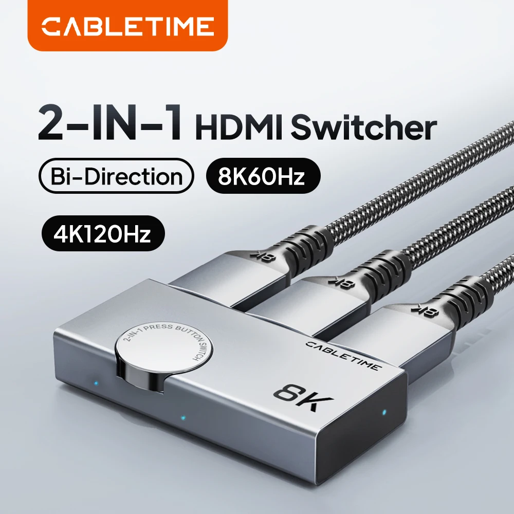 CABLETIME HDMI Splitter 8K 60Hz 4K 120Hz 2 in 1 Switcher 3D Vision Aluminum Knob Design Adapter for Laptop Macbook Pro Lenovo