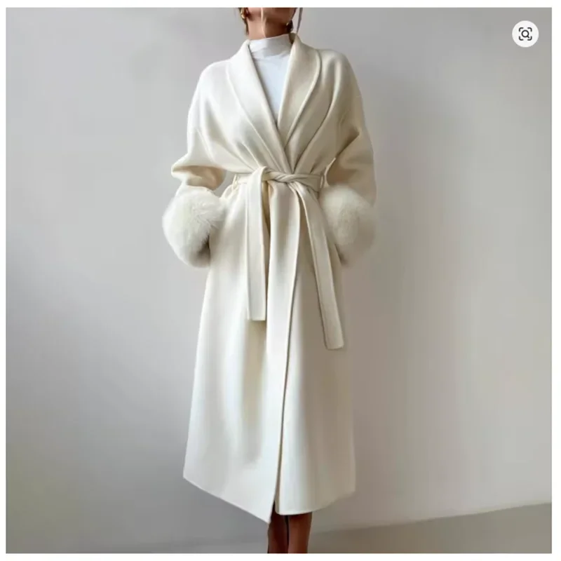 

Элегантное лоскутное тонкое шерстяное пальто на шнуровке для женщин с лацканами и длинными рукавами с перьями, темпераментный шерстяной Тренч, женский осенний