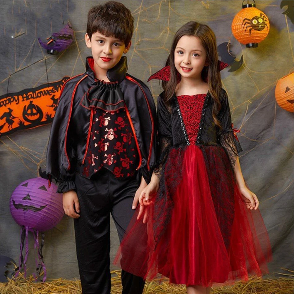 Halloween Children Mesh Vampire Costume Girls Princess Dress Horror Vampire Cloak Performance Costume Black Evening Clothes