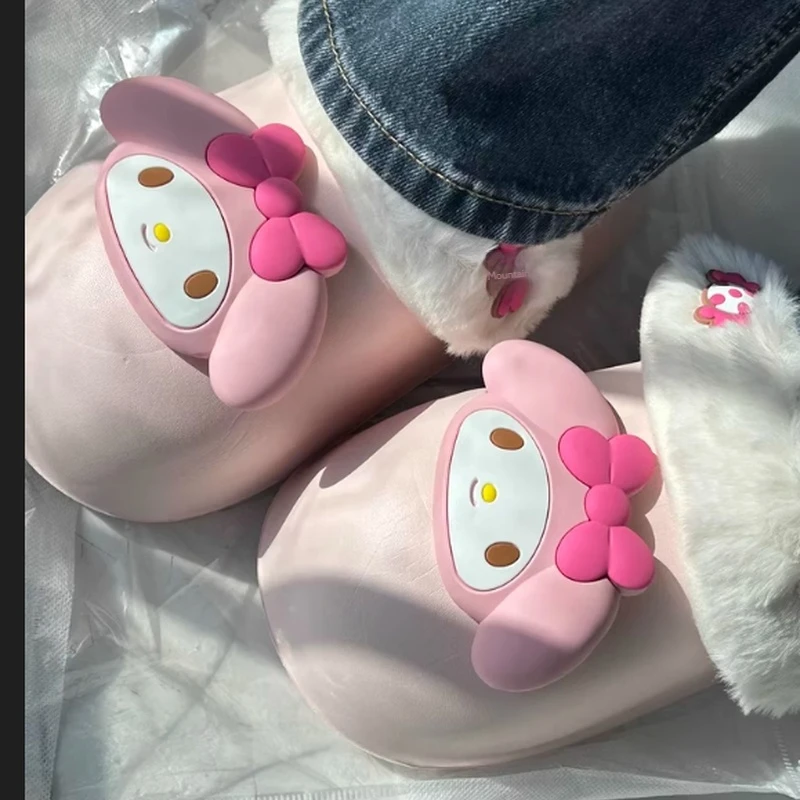 Miniso Sanrio Cotton Slippers Yk2 Kuromi Cinnamoroll Women Winter Plush Non Slip Girl Cute Flat Shoes Slippers Girl Gift