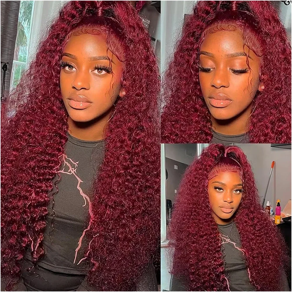 32, 34, 36 дюймов # 99J Бордовый 13x6 HD Парик из натуральных волос на кружеве красного цвета 13x4 Прозрачные кружевные вьющиеся глубокие волнистые фронтальные парики