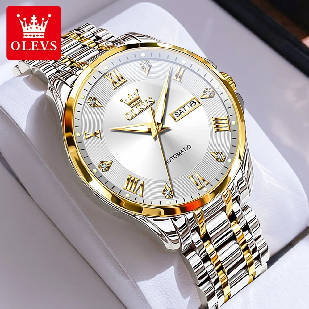 OLEVS 6702 남성용 시계 럭셔리 오리지널 브랜드 스테인리스 스틸 자동 기계식 시계 주간 날짜 표시 남성용 시계 박스 선물 포함