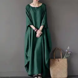 Bawełniana lniana sukienka w stylu vintage Luźna sukienka oversize Okrągły dekolt Krótki rękaw Ponadgabarytowe sukienki maxi Duża sukienka swingowa Długa sukienka damska