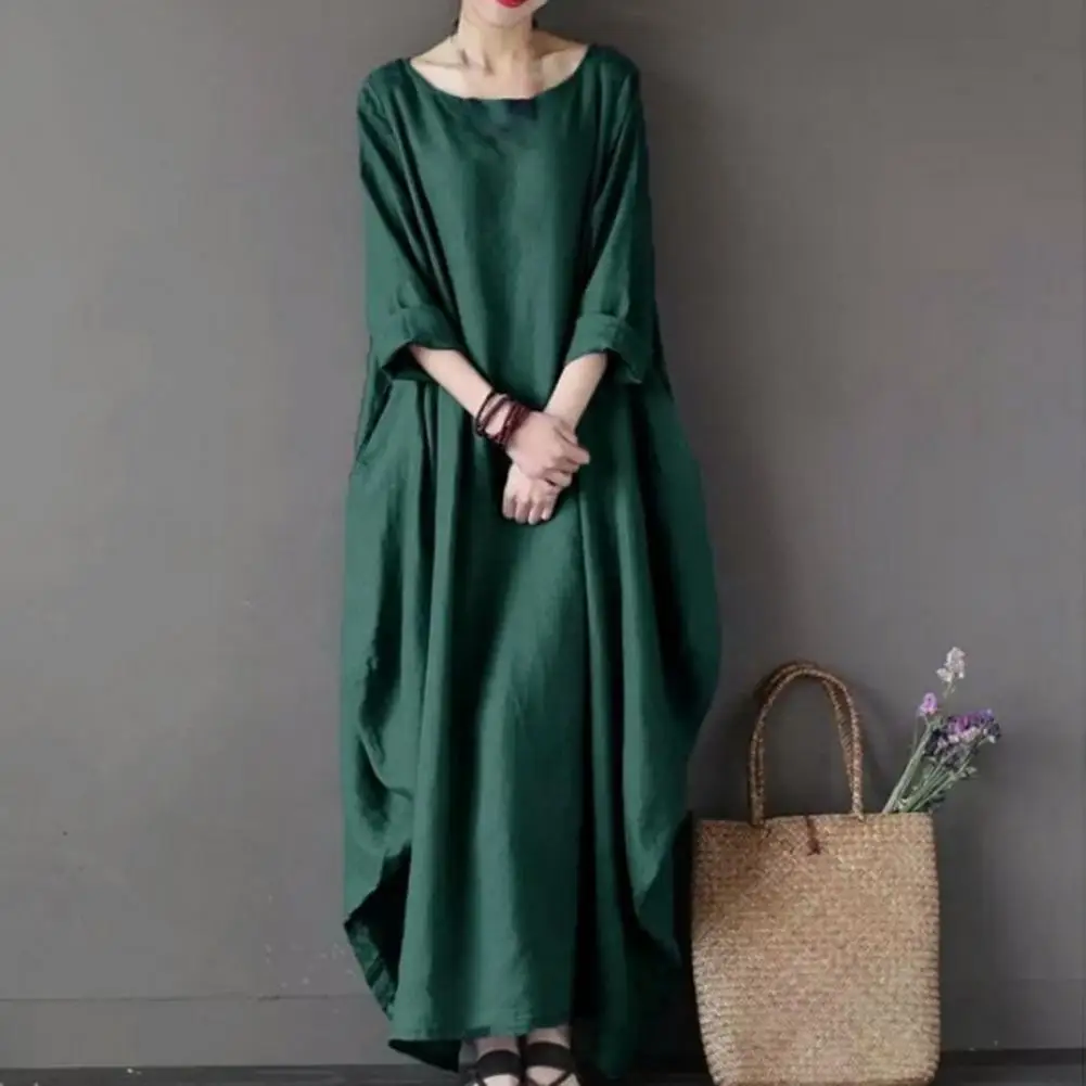 Cotton Linen Vintage Casual Loose Oversize Dress Round Neck Short Sleeve Oversized Maxi Dresses Big Swing Dress Long Dress Women