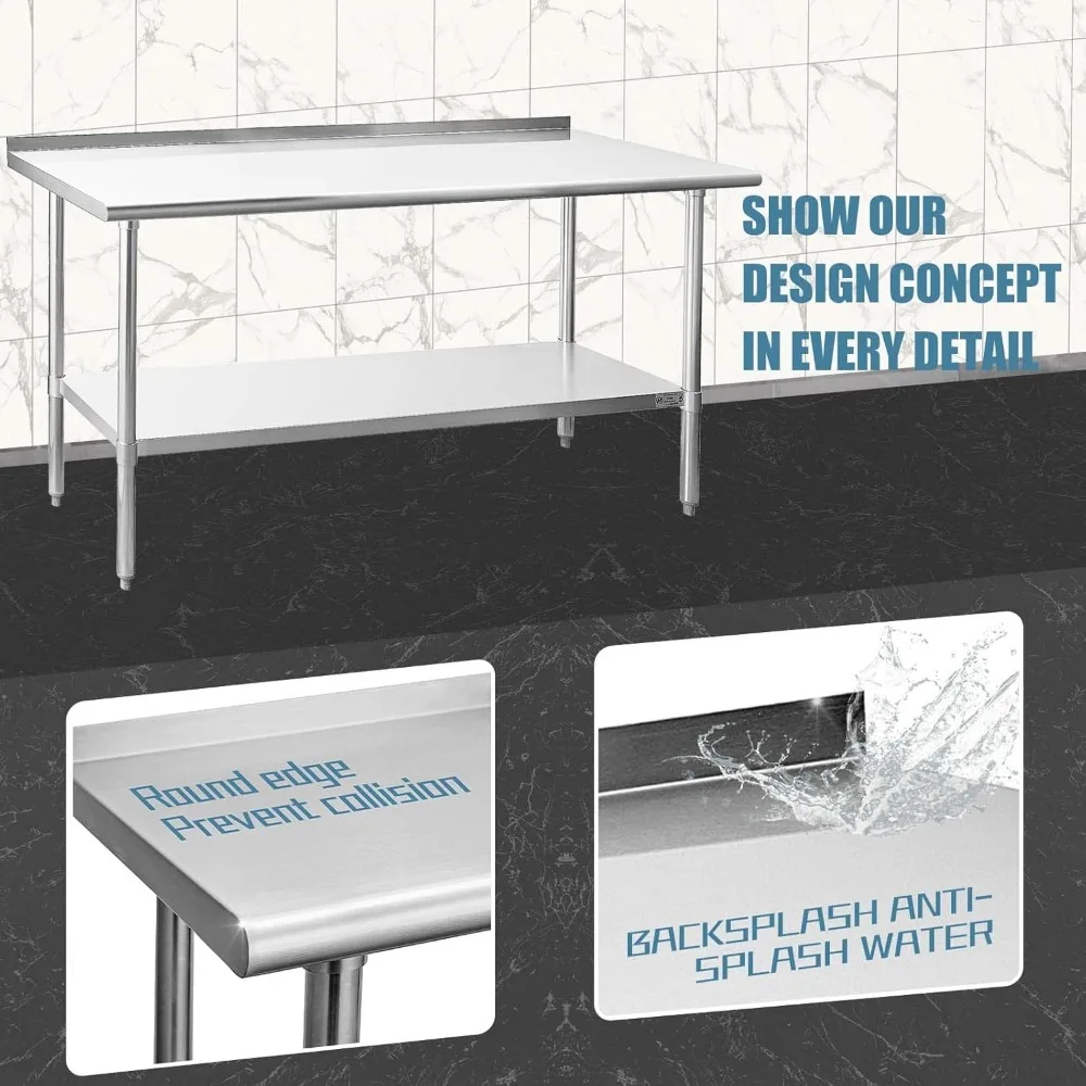 Table en acier inoxydable pour la préparation et le travail, table commerciale robuste avec sous-shelf et dosseret pour restaurant, maison et hôtel