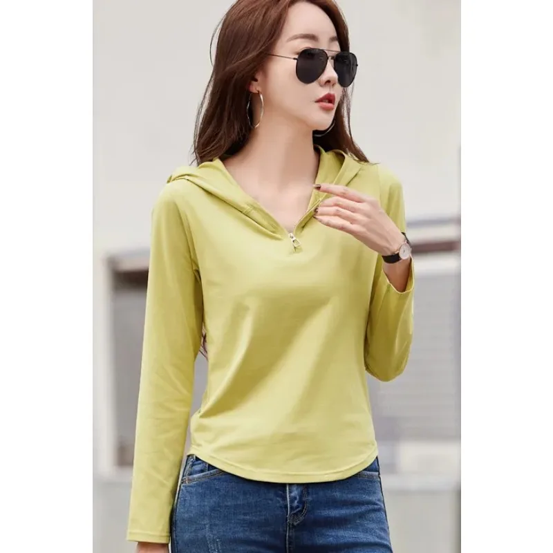 

Women's Lemon Yellow Hooded Top Half Zip Long Sleeve Curved Hem Casual Slim Fit T-Shirt