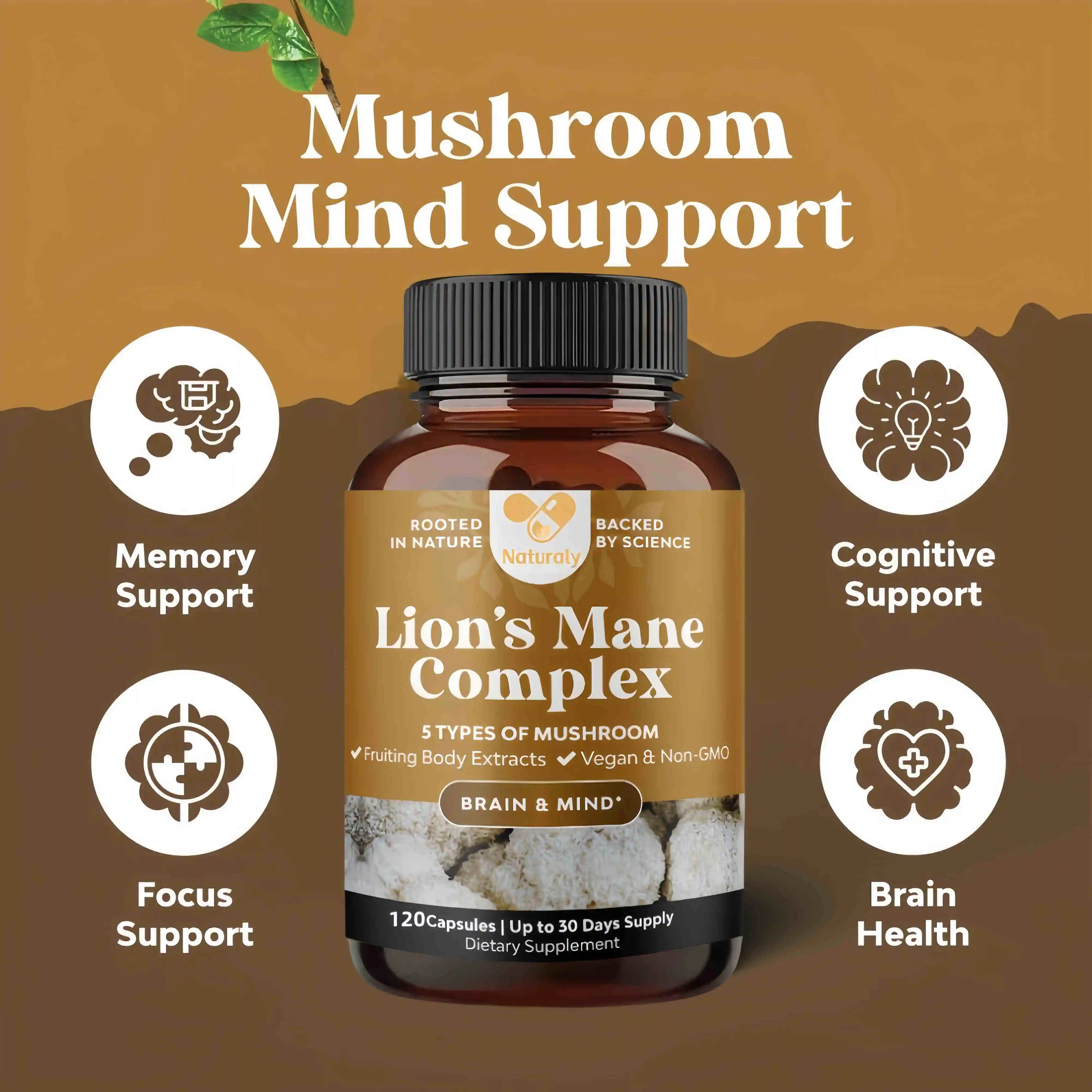 Mushroom Complex Capsules with Lions Mane Chaga Cognitive Brain Function Stress Relieves Beauty Health Diet Supplement