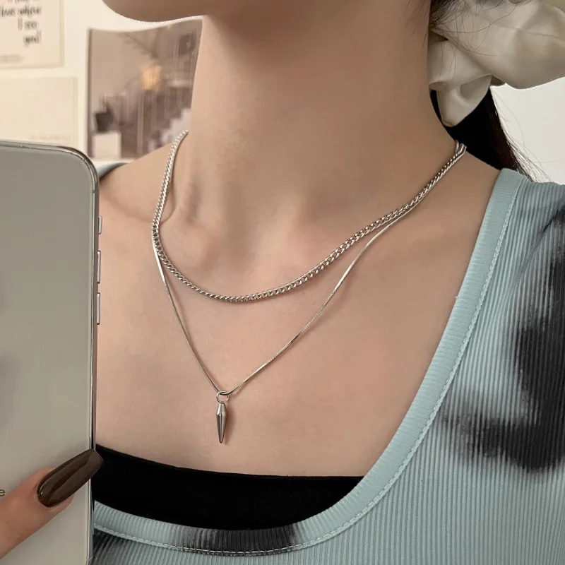 2pcs/set Stainless Steel Metal Rivet Pendant Thin Snake Chain Necklace for Men Punk Silver Color Cuban Link Chain Choker