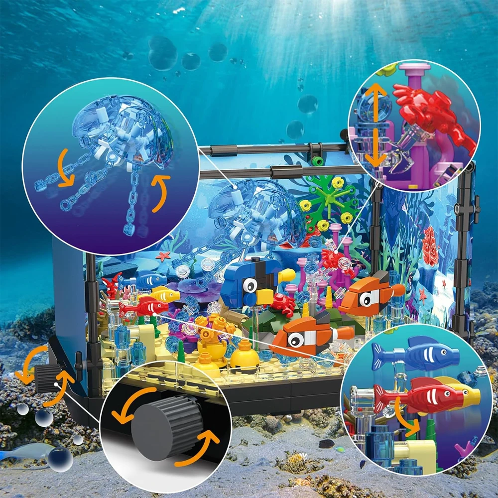 Zestaw Akwarium z Klocków z 2 Lampkami LED – 725 Elementów, Marzycielska Motywacja Oceaniczna – Odłączana Tablica Tła – Model Atlantydy, Meduzy, Korali i Ryb – Idealny Prezent do Dekoracji Domu i