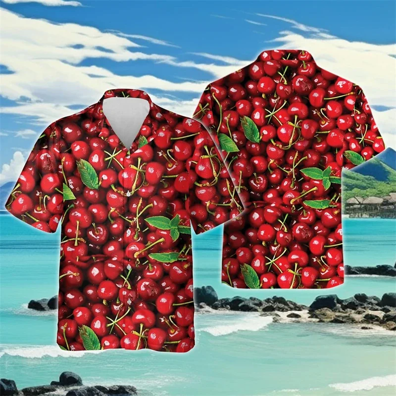 Hawaiian Summer 3D Fruit Cherries Printing Shirts For Men Pomegranates Graphic Short Shirts Children Funny Cool Blouses Clothing