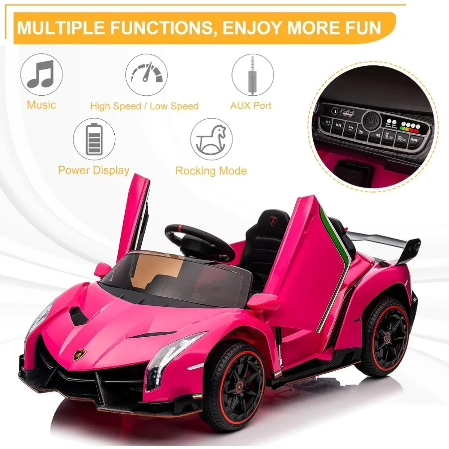 Carro de passeio de 12V, Lamborghini Veneno licenciado por veículo elétrico para crianças, brinquedo de carro alimentado por bateria com controle de pais, porta hidráulica