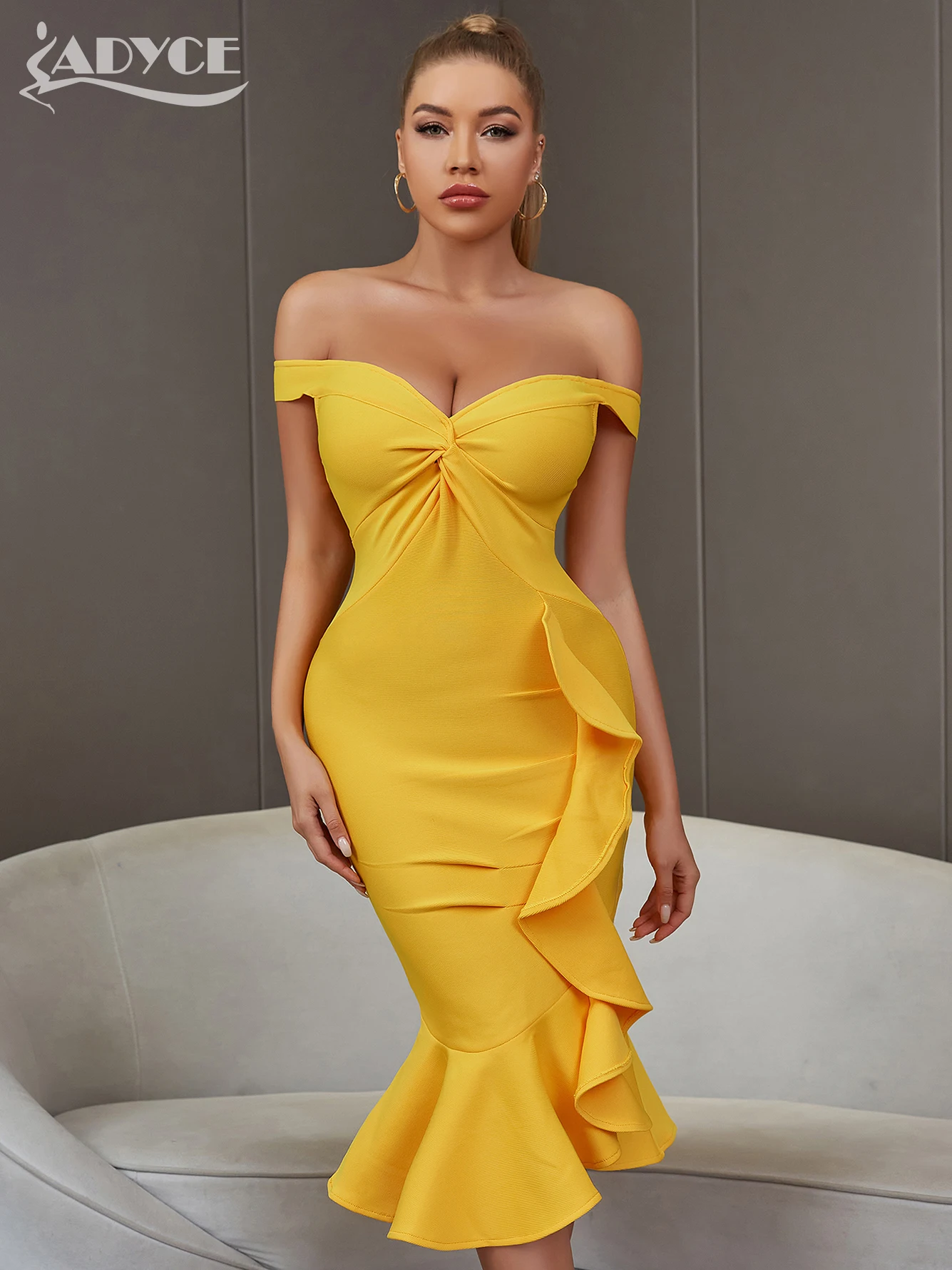 Adyce New Summer Women Off Shoulder V Neck Mermaid Bandage Dress 2024 Sexy Ruffles Yellow Midi Club Runway Party Femal Dresses