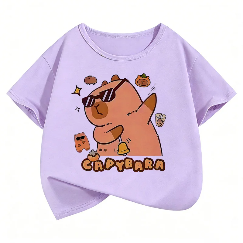 2026 Summer Spring  Capybara Print Round Neck Short Sleeved Tee Shirt for Boys and Girls Fashionable Simple Children's T-shirt