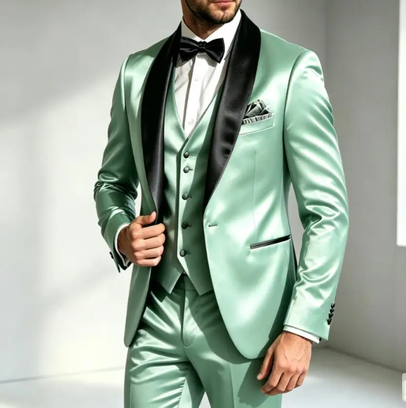 Men 3 Piece Set Mint Green Satin Tuxedo Black Satin Shawl Lapel Suit Jacket Waistcoat Trousers Wedding Groom Prom Evening Outfit