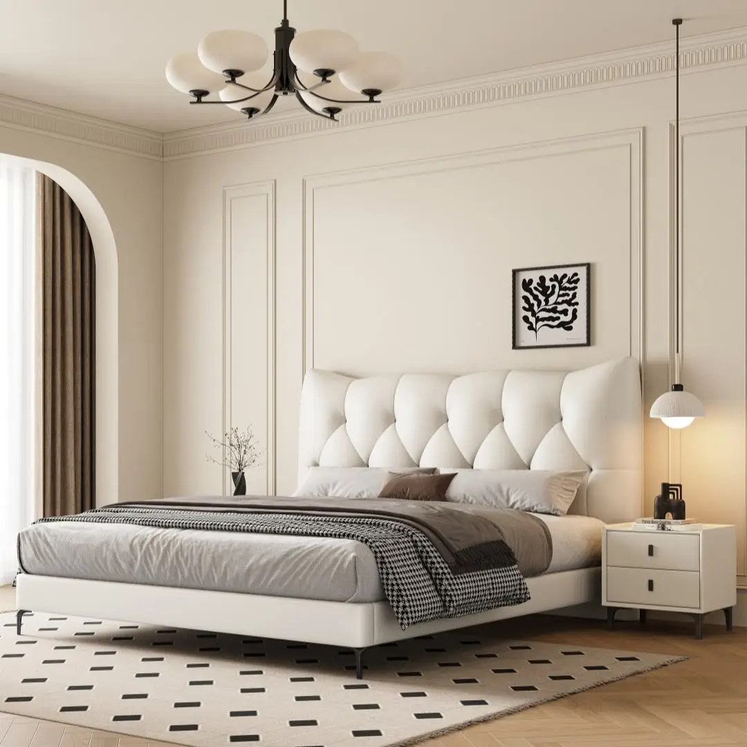 #Minimalist Modern Genuine Leather Queen Bed Pine Wood Frame Italian Cowhide Top Layer Soft-pack Luxury Space Saving Upholstered