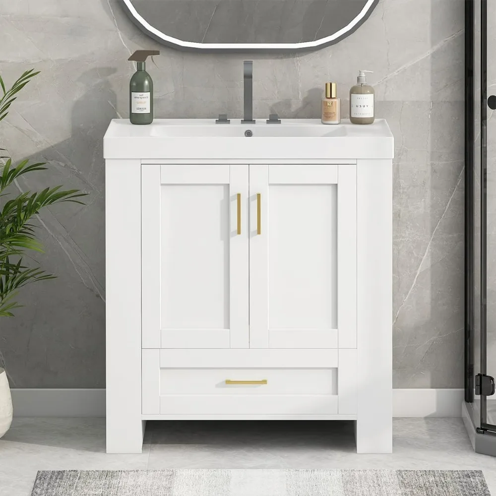 Organizzatori da bagno, Vanity da bagno da 30 pollici con lavabo, mobiletto da bagno singolo indipendente in legno con cassetto, lato S