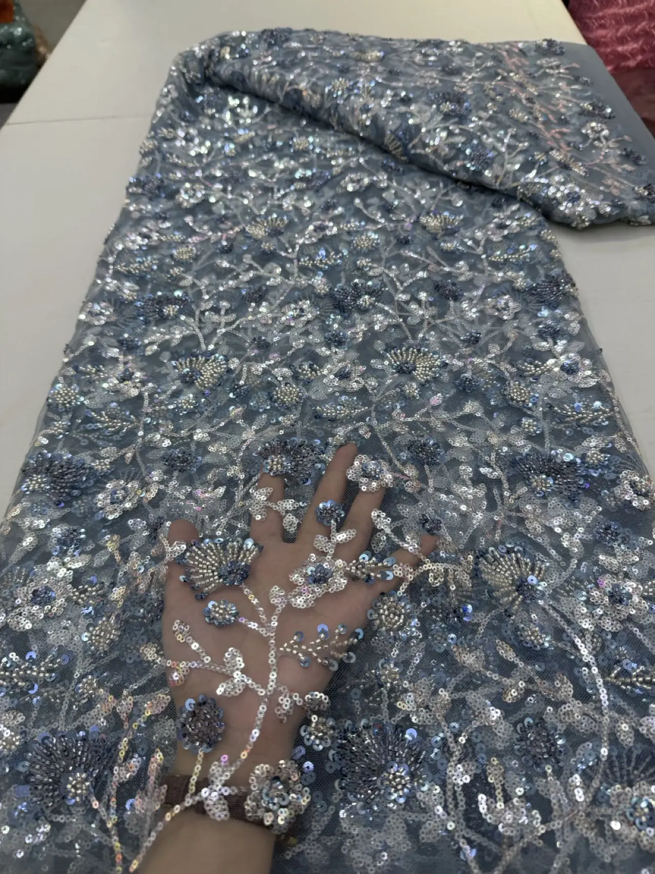 

Latest 2025 African Nigerian Guipure Embroidery Tulle Lace Fabric Sequins High Quality for Sewing Dresses 5Yards JY475