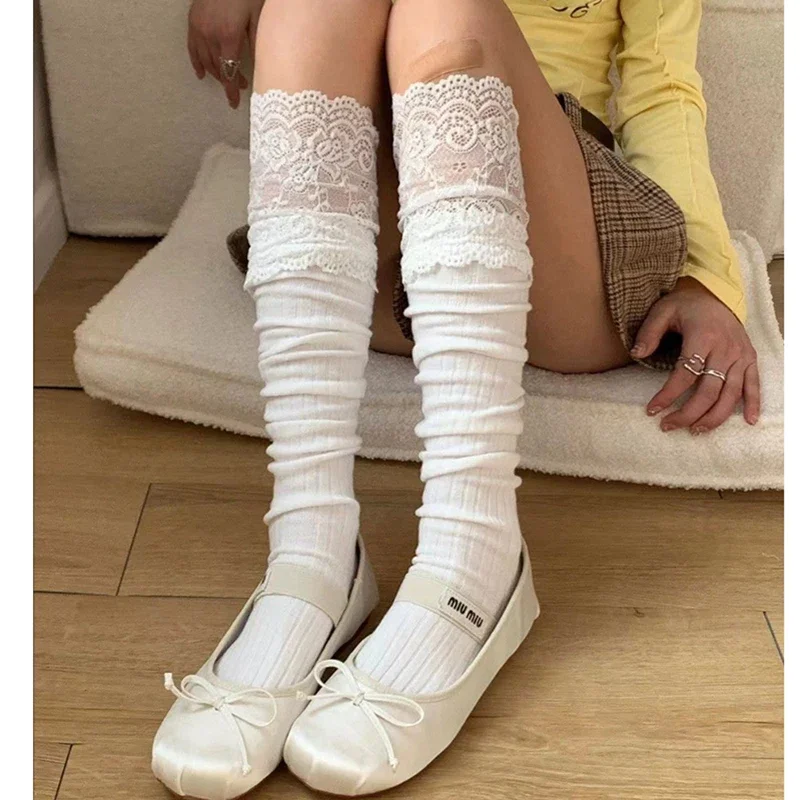 

Boot Socks Autumn/Winter Solid Color Thigh High Lace Cute Lolita Thick Warm Stockings Sexy Black White Long Leg Socks for Women