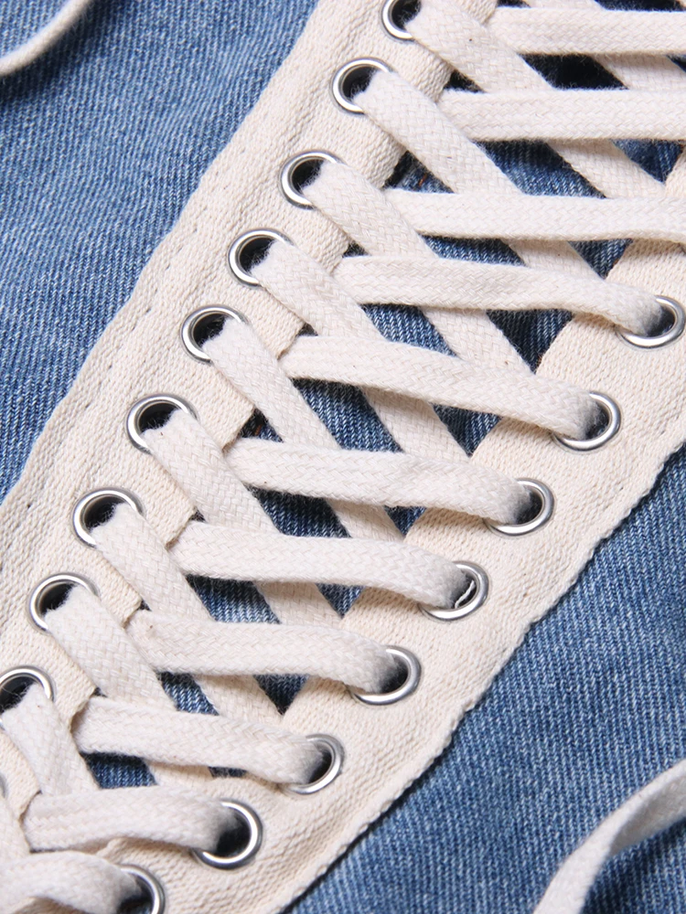 TWOTWINSTYLE Patchwork Ribbons Denim Shorts For Women High Waist Hollow Out Casual Streetwear Short Trousers Female Fashion 2022