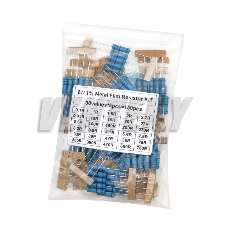 150PCS 300PCS 1/2W 1W 2W 3W Resistance 1% Metal Film Resistor Assortment Kit Set 30values 1R~750R 1K~820K Ohm