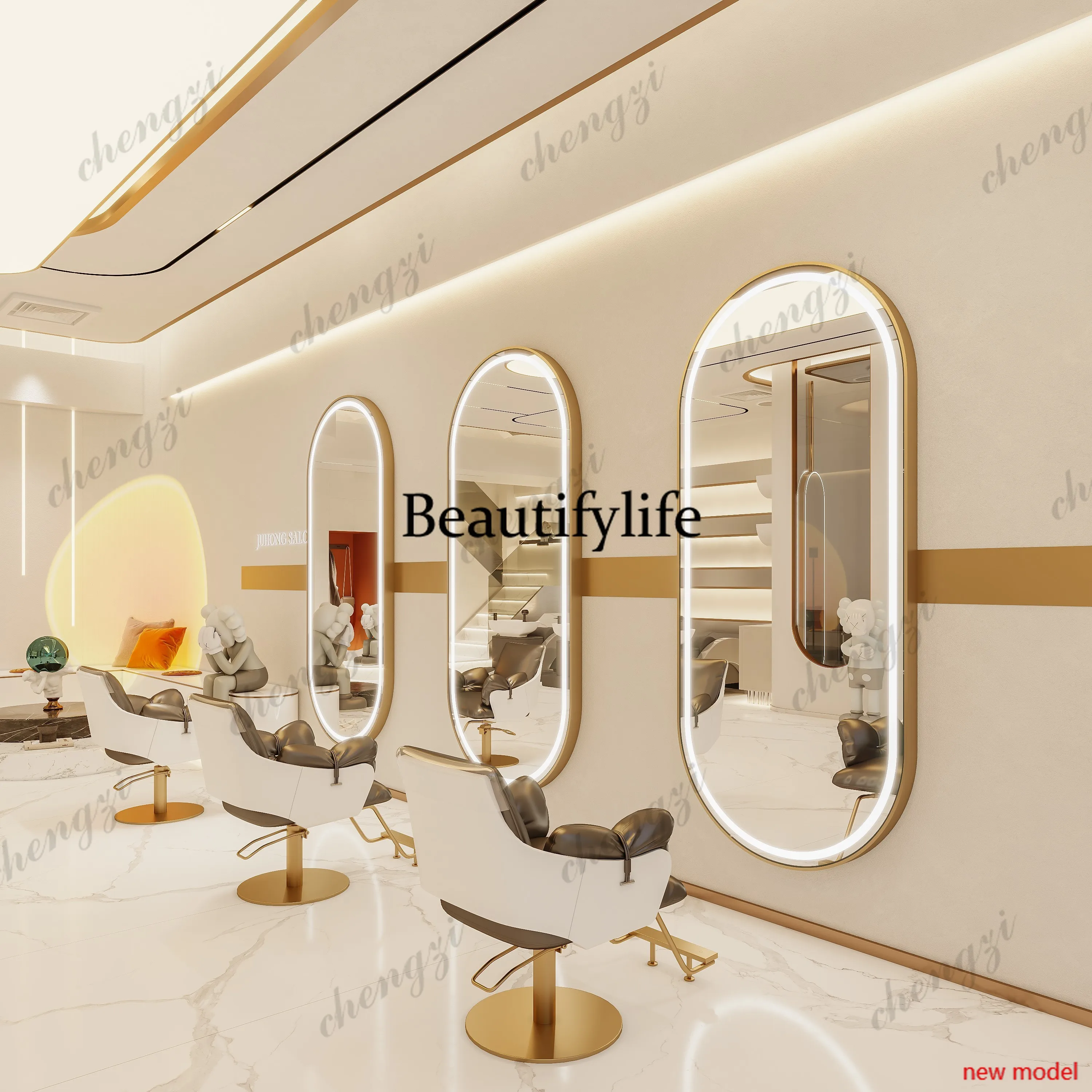 h178Double-sided hairdressing mirror table marble base stainless steel frame floor mirror