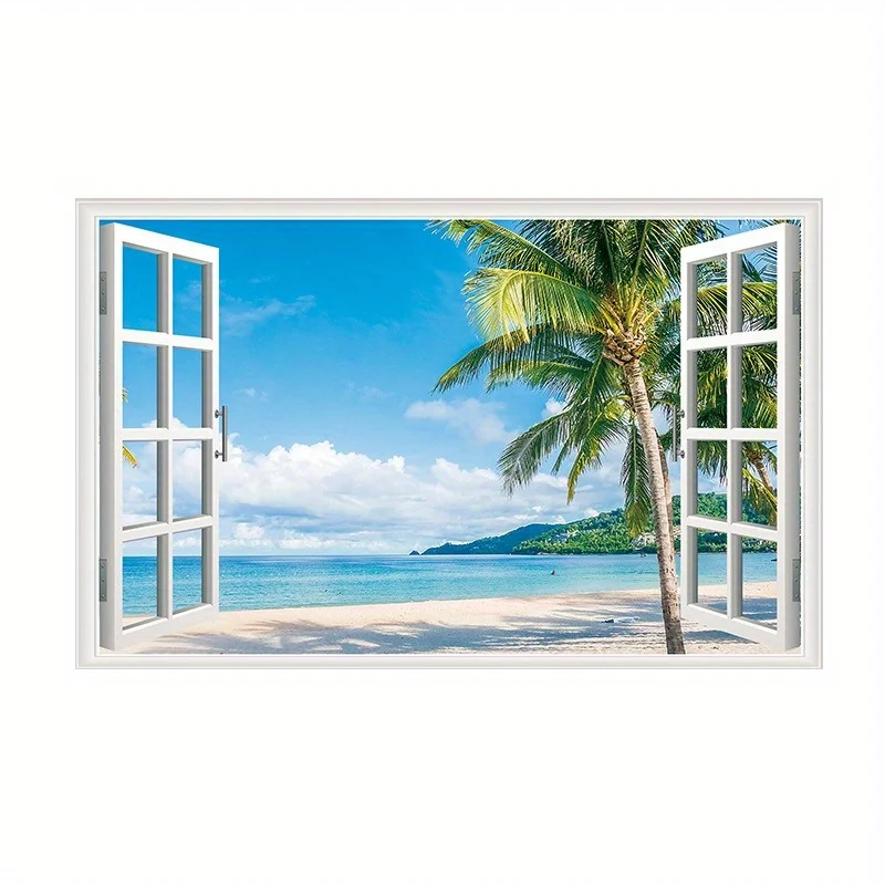 3D Natural Scenery Fake Window Stickers Sakura Tree Beach Building Wall Art Mural Decals Home Office Decoration Vinyl Wallpaper - Image 2