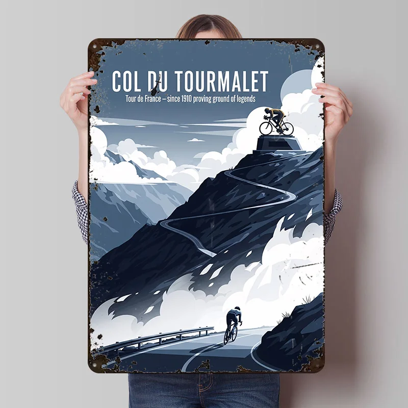 Tour De France – Col Du Tourmalet Radfahren Weißblech Poster, individuelle Wandkunst, Vintage-Metallschilder, Retro-Blechschild für Zuhause