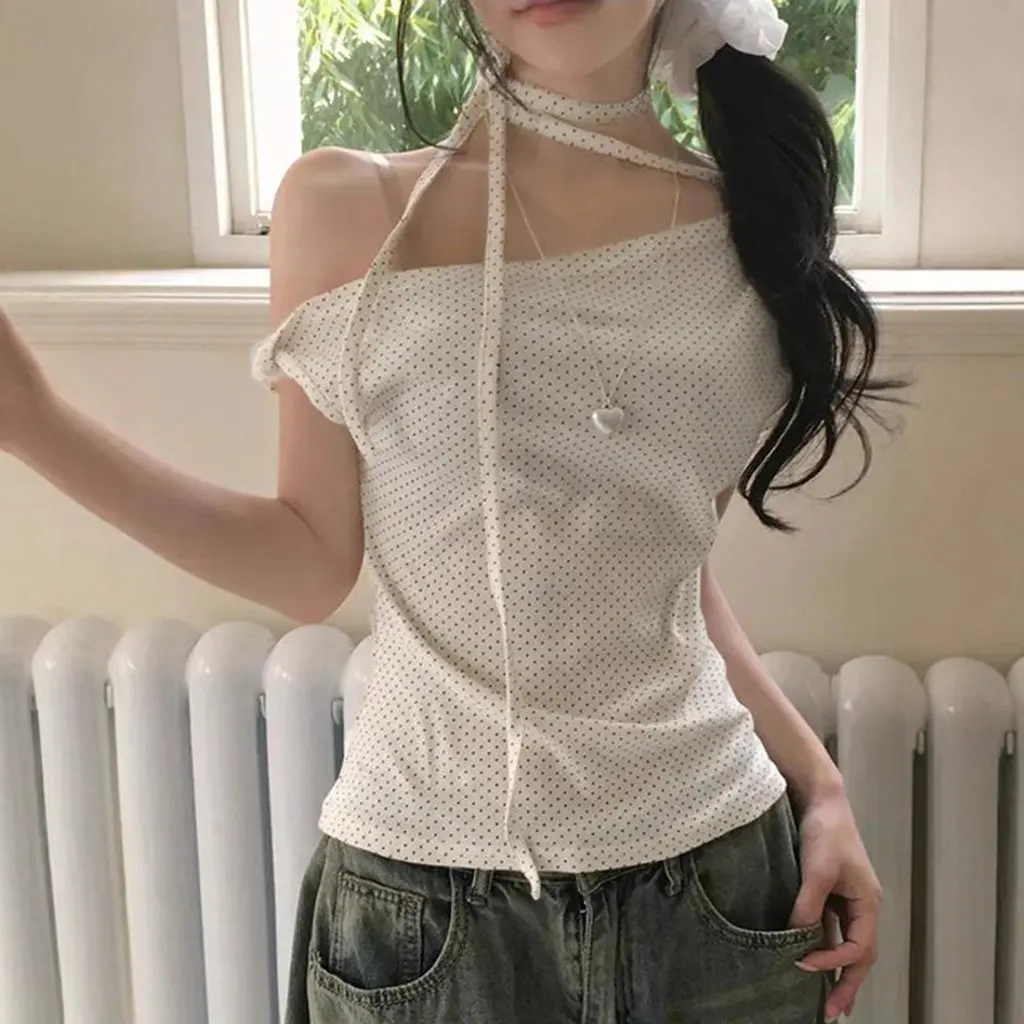 Camiseta ajustada para mujer, Top de moda con diseño de cinturón y hombros descubiertos con cuello lateral para chica Pure Desire de verano