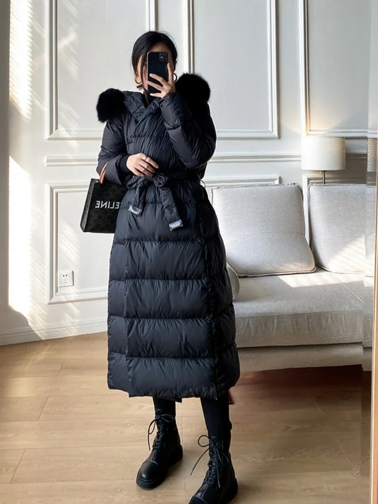 

Women White Duck Down Jackets Ultra Light Warm Long Parkas Real Fur Jacket 2025 Winter Fox Fur Collar Female Hooded Snow Coats
