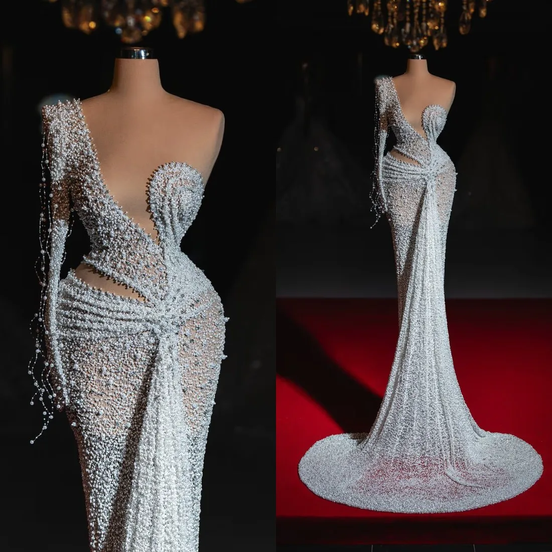Exquisite Mermaid Wedding Dress Pearls One Shoulder Long Sleeve Bride Gown Elegant  Floor Length Bridal Dresses Customized