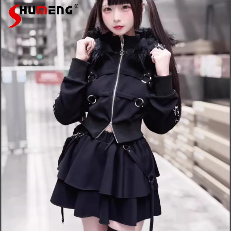 

Original Cropped Jacket Mini Skirt Japanese Subculture Dark Black Print Gothic Style Long-sleeves Zipper Hooded Coat Outerwear