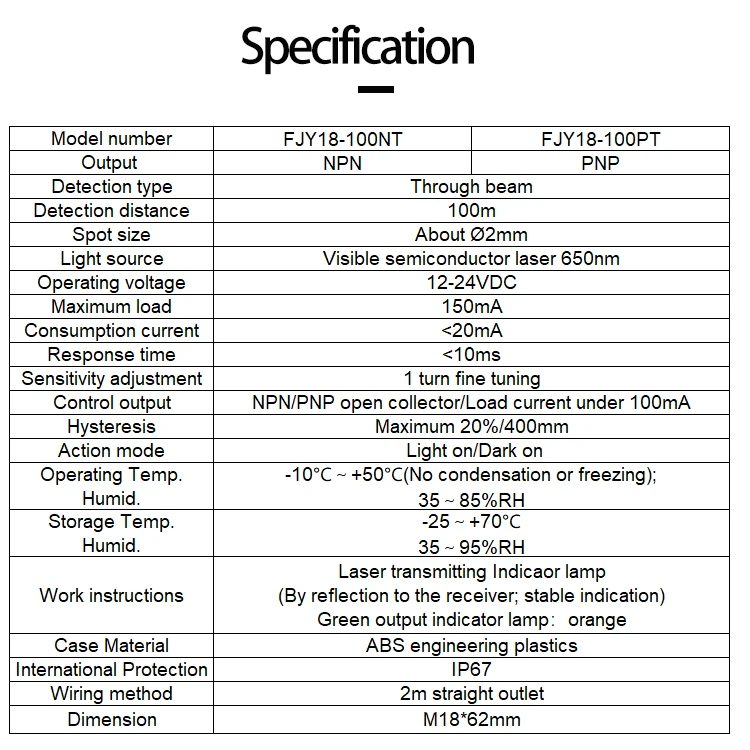 FUWEI FJY18-100PT M18 Kleiner Spot-Infrarot-sichtbarer Laser-Durchgangssensor Photoelektrischer Sengsing-Schalter – Detail 4