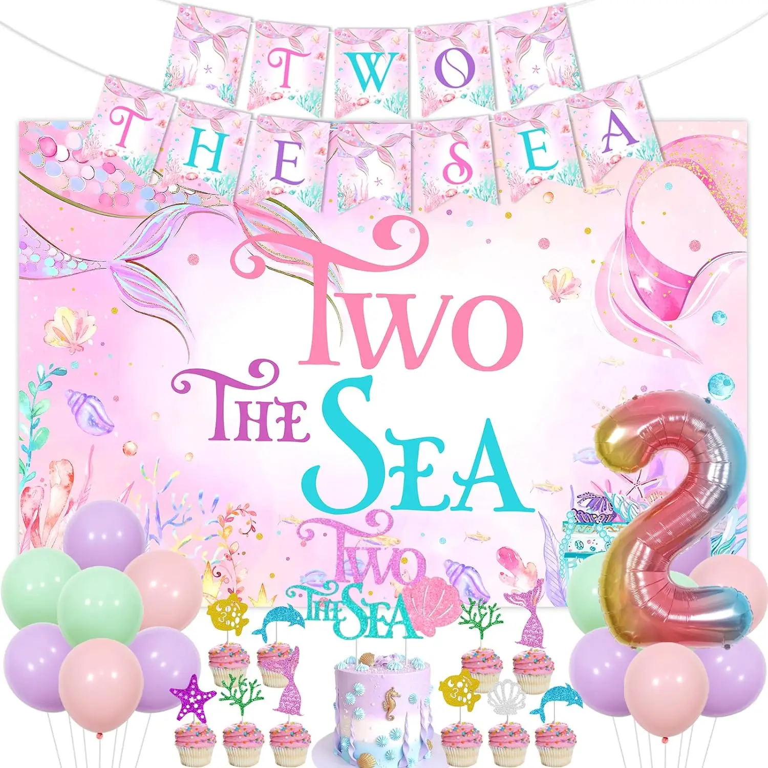 

Mermaid 2nd Birthday Decor Girl, Two the Sea Backdrop Cake Toppers Balloons for Under the Sea 2nd 2 Year Old Girl Birthday