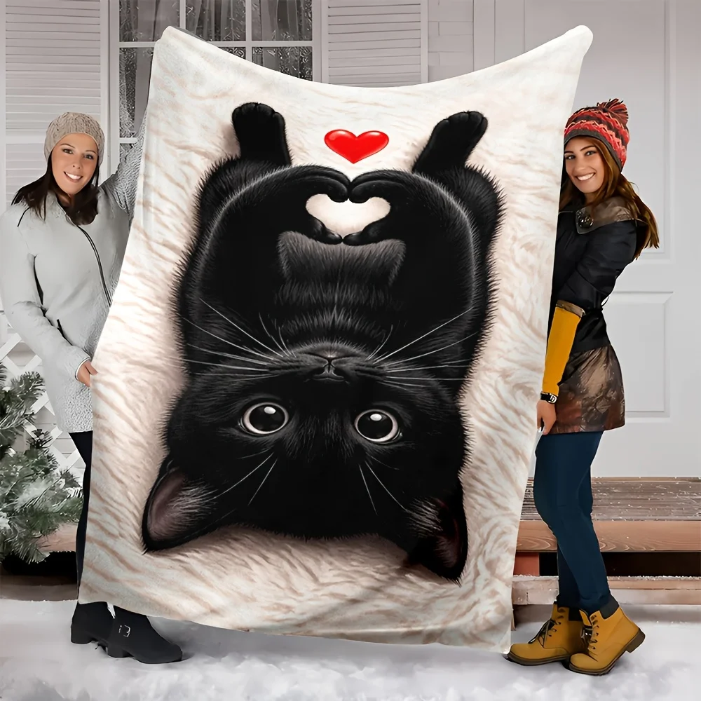 Black Cat Green Eye Realistic Floral Surround Flannel Blanket Soft Cozy Throw for Sofa Bed Pet Portrait Art