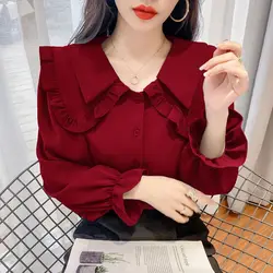 Fashion Peter Pan Collar Button Ruffles Chiffon Shirt Female Clothing 2022 Autumn New Oversized Casual Tops Loose Sweet Blouse