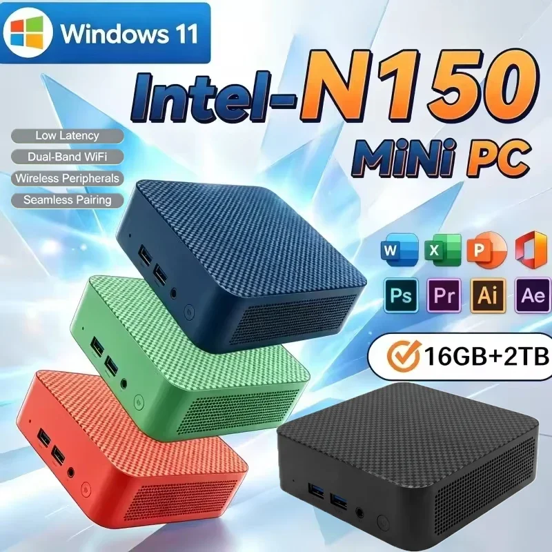 Powerful Intel Core N150 Multi-Color Optional Gaming Mini Desktop PC 4K Windows 11 16GB RAM 1/2TB SSD WIFI6 BT5.2