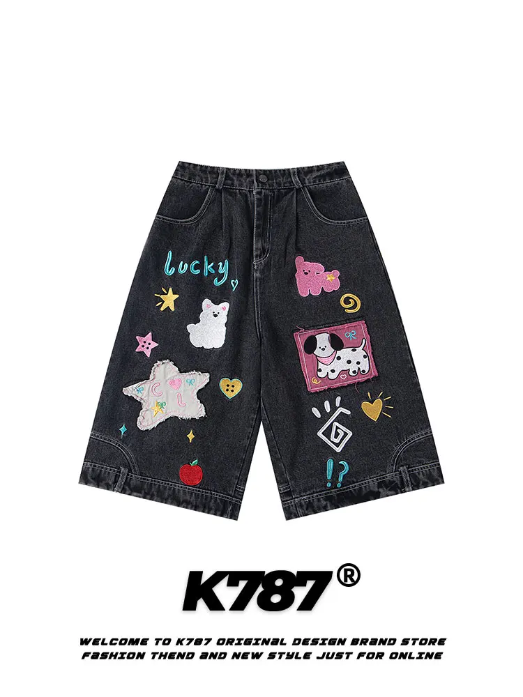 

K787 American Sle High Waist Patchwork Embroidered Jeans orts Men Women Summer Wear Resistant Straight Leg Cotton Denim