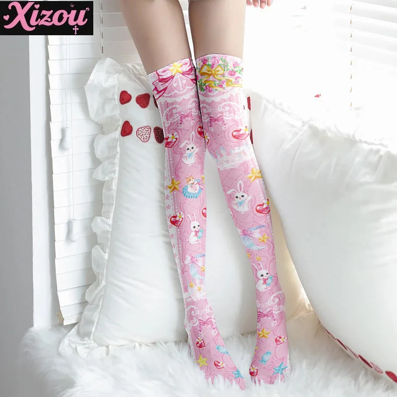 Moe Kawaii Printed Stockings Thin Women's Spring and Autumn Lolita Pink Cute Anime Knee Long Tube White Velvet Sockings Female