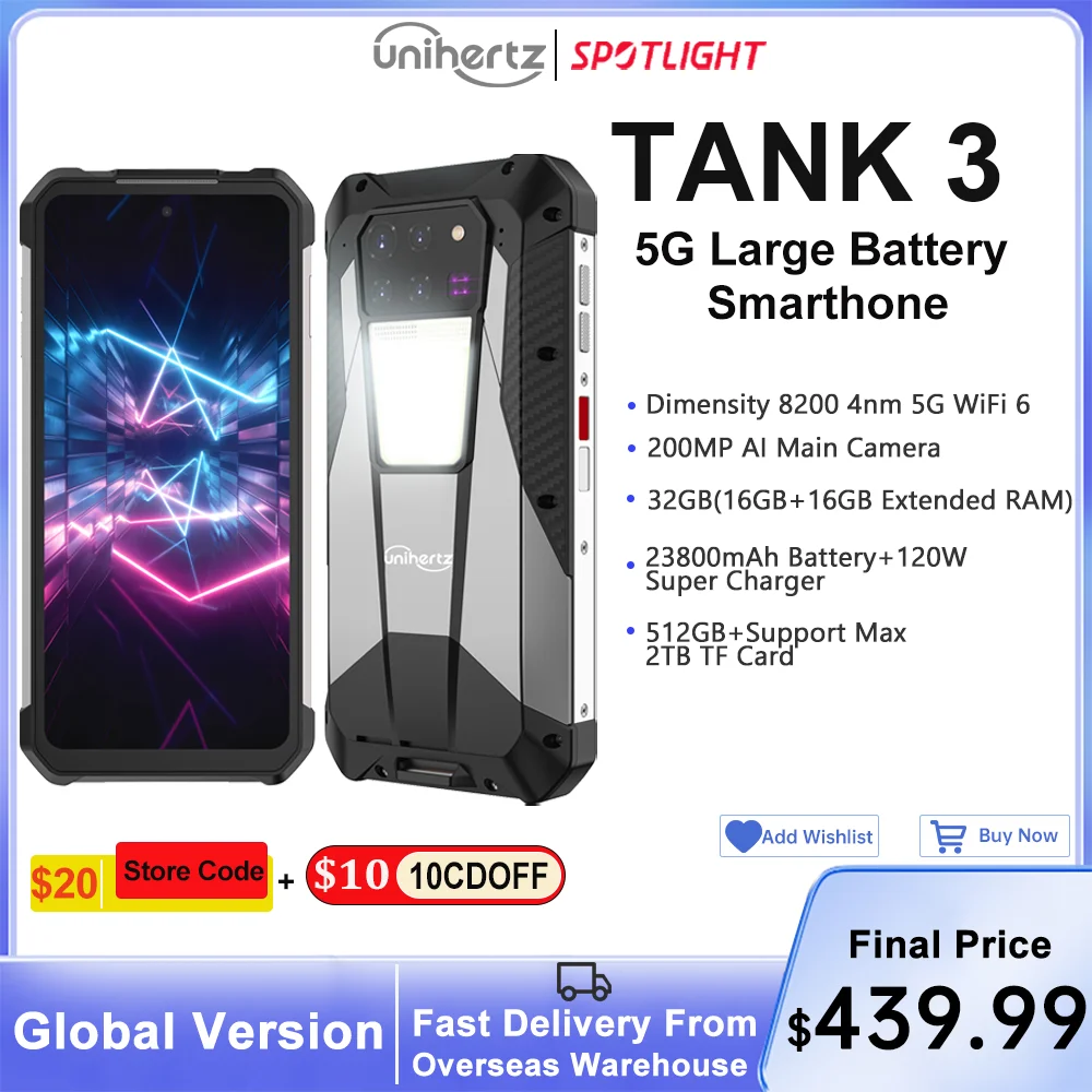 US AU EU Stock Unihertz 8849 Tank 3 Rugged 5G Smartphone 32GB 512GB 23800mAh 120W Charger Dimensity 8200 200MP 120Hz Cell Phone