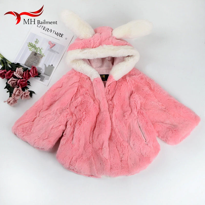 2019 autumn winter new parka real rex rabbit fur coat cloak children 100% rabbit ears warm fur coat fashion cute loose clothing