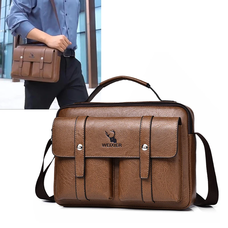 Vintage Small Men\'S Briefcase Business Tote Bag PU Leather Wallet Handbags Shoulder Ipad Macbook Square Side Crossbody Bag Male