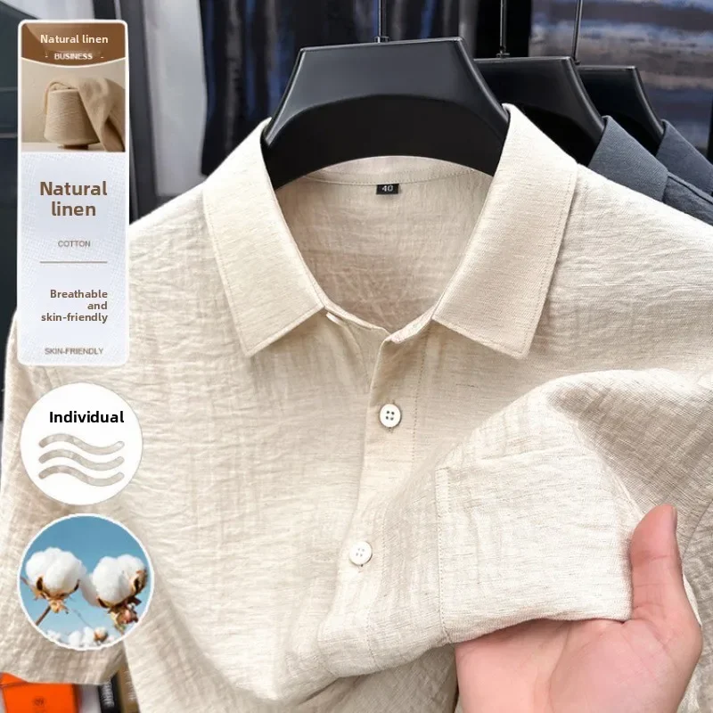GELITAYIN Men's Casual Blouse Linen Cotton Shirt High Quality Skin-friendly Breathable Lightweight Short-sleeved Tshirt Lapel Ca