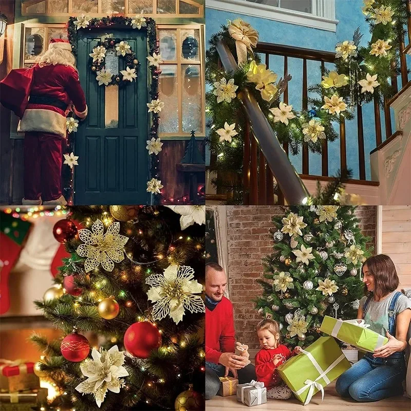 

24Pcs Artifical Flowers Christmas Tree Decorations Christmas Decoration Glitter for Home Decor Xmas Ornaments New Year Decor