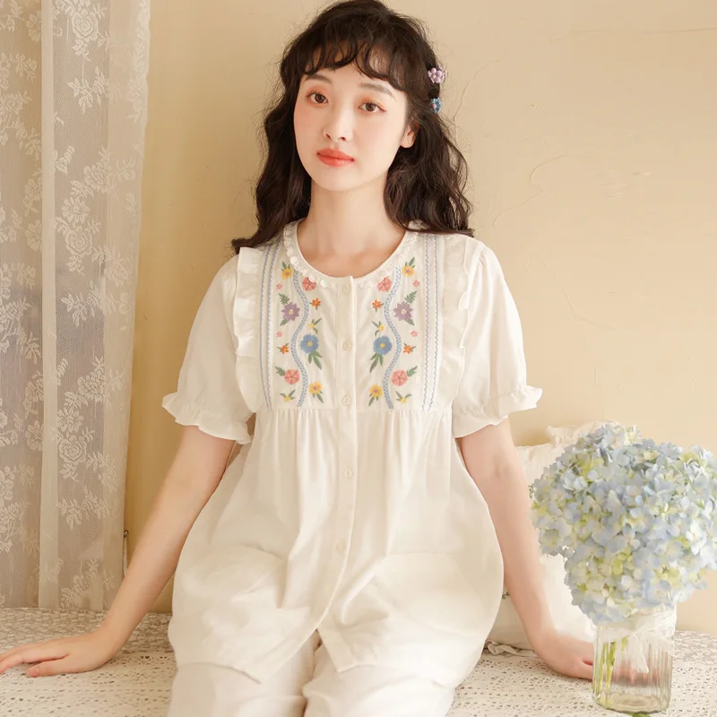 Vintage Embroidery 100% Cotton White Pajama Sets For Women Short Sleeve Long Pants Summer Loose Cardigan Plus Size Sleepwear