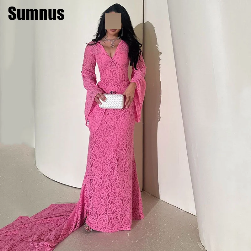 

Sumnus Elegant Mermaid Pink Party Dresses Sexy V-Neck Long Sleeves Floor-Length Formal Gowns With Train فساتين سهرة Customized