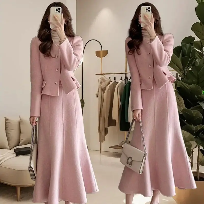 Temperament frauen Set Herbst/Winter Neue Stil Kleine Duftende Rosa Abnehmen Top Halb Rock Zwei Stück Set