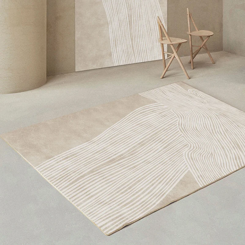 VIKAMA Beige Abstract Line Living Room Carpet, Soft Anti Slip Floor Mat, Minimalist Art Interior Living Room Home Decoration